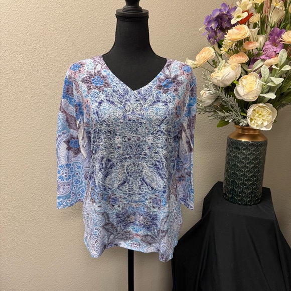Cato Tops - Cato Blue Purple Paisley Print V-Neck Embellished 3/4 Sleeve Top Size L